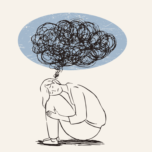 Therapy for overcoming self-doubt, low self-esteem, and negative self-talk. A line art illustration of a person sitting curled up with a chaotic, tangled thought bubble above their head, symbolizing the mental overwhelm of self-doubt and overthinking.