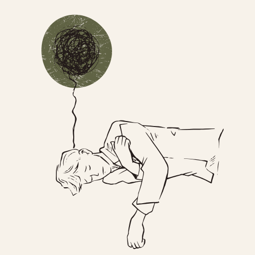 Therapy for easing racing thoughts, overthinking, and chronic worry. A line art illustration of a person appearing exhausted with a tangled thought bubble, representing the mental drain of overthinking, worry, and mental drain.