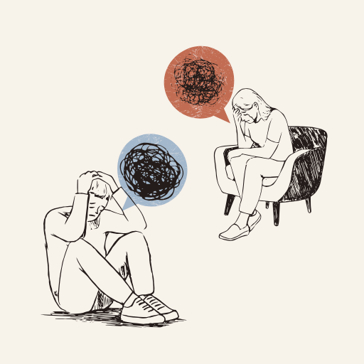 Therapy for navigating relationship anxiety and emotional distress. A line art illustration featuring two individuals appearing distressed with tangled thought bubbles, representing the common, shared experience of relationship anxiety and emotional overwhelm.