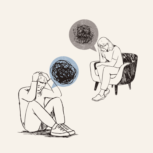A line art illustration featuring two individuals appearing distressed with tangled thought bubbles, representing the common, shared experience of relationship anxiety and emotional overwhelm.